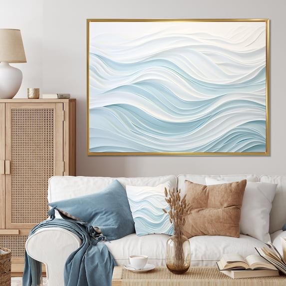 Designart "Simplistic Blue And White Waves" Abstract Marble Floater Framed Canvas Art Print