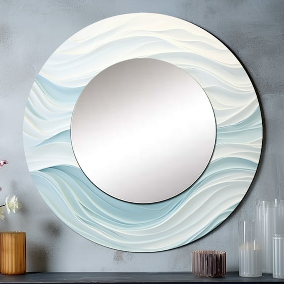 Designart "Simplistic Blue And White Waves" Abstract Marble Rund Mirror For Wall Decor - Large Blue Round Print Mirror - Round Modern Mirror - Wall Mounted Round Large Mirror - 29" x 29"