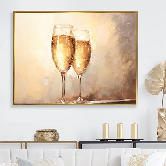 Designart "Simplistic Champagne Glass Array" Champagne Floater Framed Wall Art Living Room