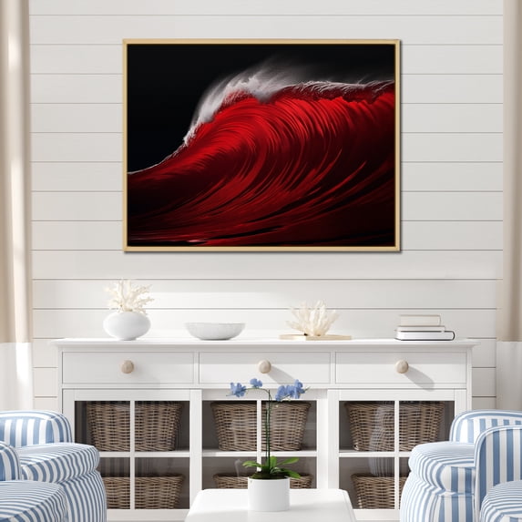 Designart "Simplistic Ebony And Ruby Wave Vista I" Coastal Floater Framed Canvas Art Print