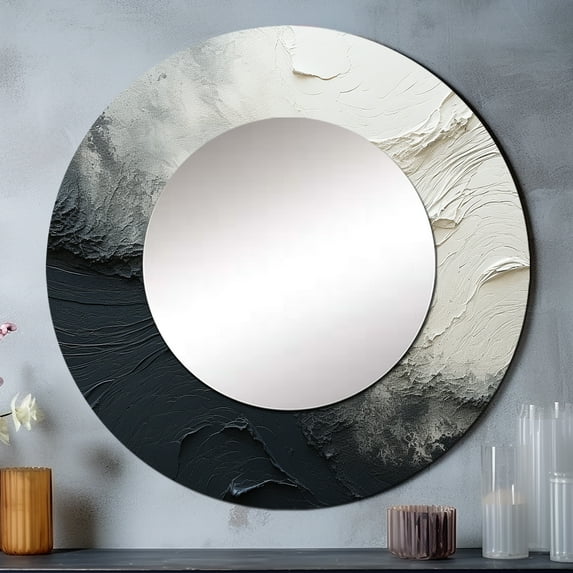 Designart "Simplistic Ebony and Azure Wave Design I" Beach Round Mirror Wall Decor Coastal - Large Cream Round Office Mirror - Round Mirror - 23" x 23"