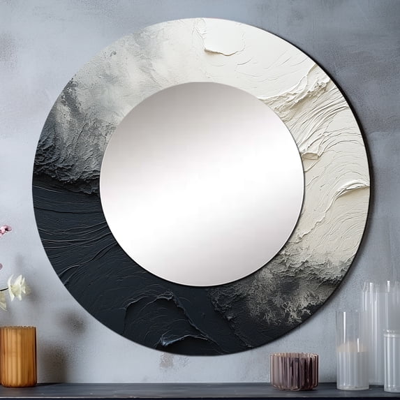 Designart "Simplistic Ebony and Azure Wave Design I" Beach Round Mirror Wall Decor Coastal - Large Cream Round Office Mirror - Round Mirror - 29" x 29"