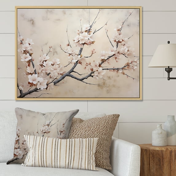 Designart "Simplistic Grey And Ivory Cherry Blossom" Cherry Blossom Floater Framed Wall Art Living Room