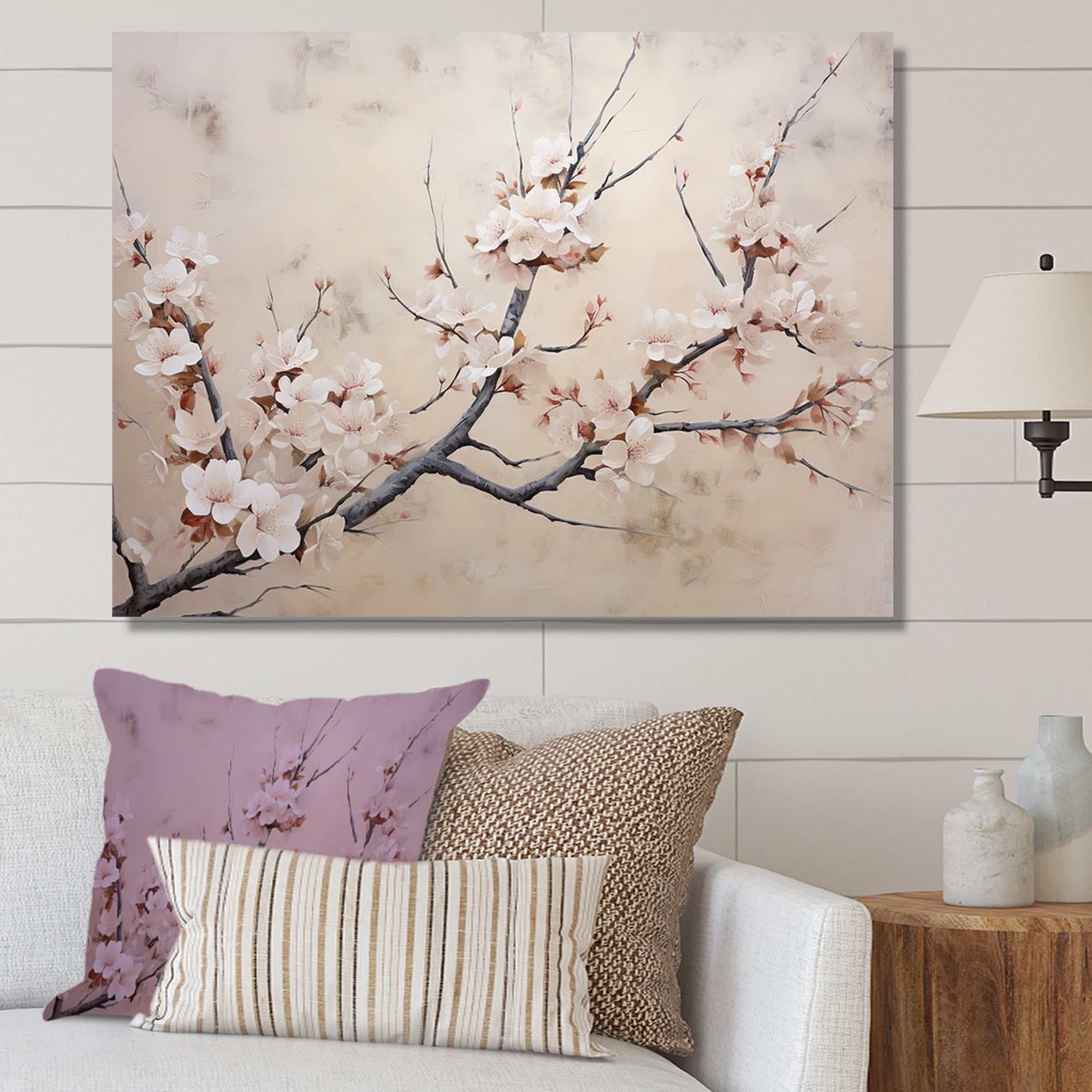 Designart "Simplistic Grey And Ivory Cherry Blossom" Cherry Blossom