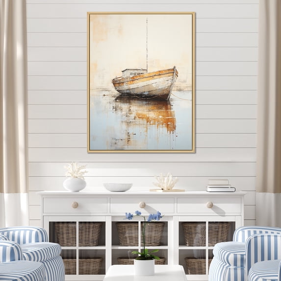 Designart "Simplistic Horizon With Fishing Boat II" Coastal Boat Floater Framed Canvas Prints
