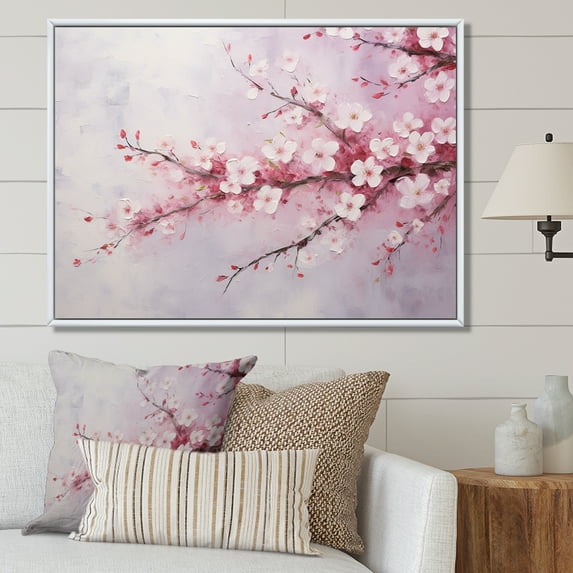 Designart "Simplistic Pink Cherry Serenity Tree I" Cherry Blossom Floater Framed Wall Art Living Room