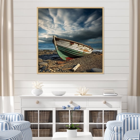 Designart "Simplistic Seaside Boat Panorama" Coastal Boat Floater Framed Canvas Prints