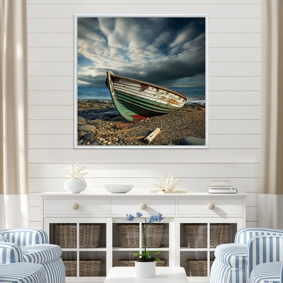 Designart "Simplistic Seaside Boat Panorama" Coastal Boat Floater Framed Canvas Prints