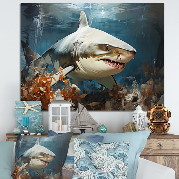 Designart "Simplistic Shark Predation" Coastal Animal Canvas Art Print