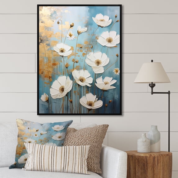 Designart "Simplistic Sky And Snow Buttercups I" Buttercups Floater Framed Wall Art Prints