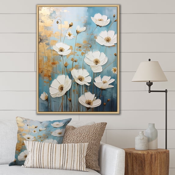 Designart "Simplistic Sky And Snow Buttercups I" Buttercups Floater Framed Wall Art Prints