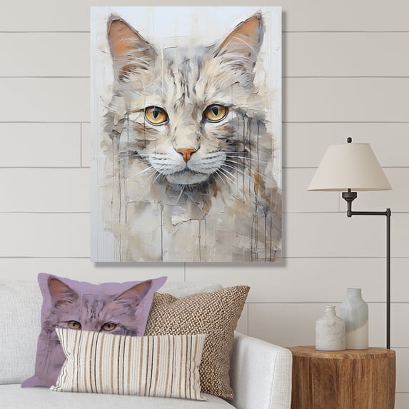 Designart "Simplistic Taupe Feline Likeness" Animals Cat Wall Art Living Room