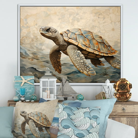 Designart "Simplistic Turtle Exploration I" Animals Turtle Floater Framed Canvas Prints