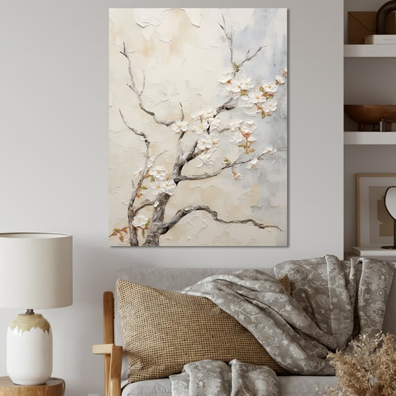 Designart "Simplistic White And Ash Cherry Blossom IV" Cherry Blossom Wall Art Prints