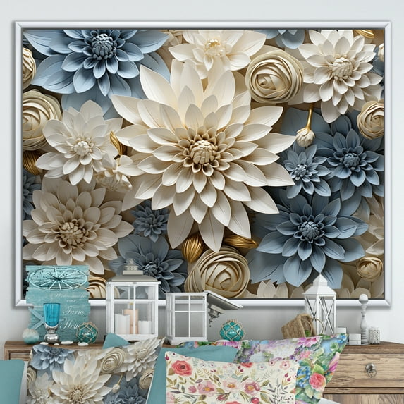 Designart "Simply Beige And Muted Blue Mums In Bloom II" Mums Floater Framed Wall Decor