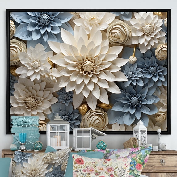 Designart "Simply Beige And Muted Blue Mums In Bloom II" Mums Floater Framed Wall Decor