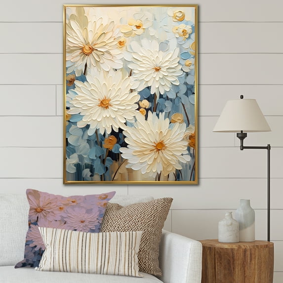Designart "Simply Beige And Muted Blue Mums In Bloom III" Mums Floater Framed Canvas Prints