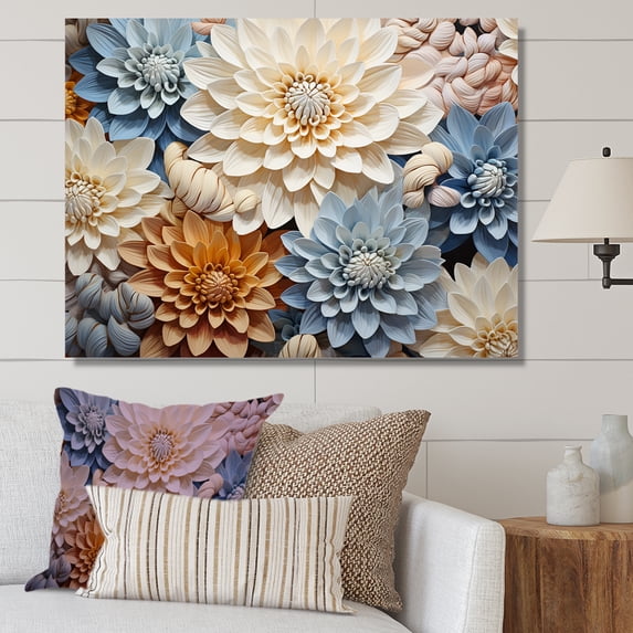 Designart "Simply Beige And Muted Blue Mums In Bloom" Mums Canvas Prints