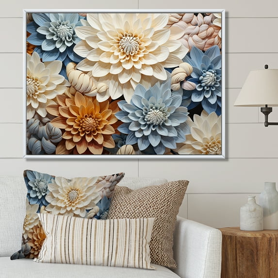 Designart "Simply Beige And Muted Blue Mums In Bloom" Mums Floater Framed Canvas Prints