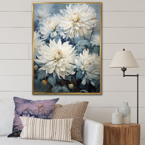 Designart "Simply Beige And Muted Blue Mums In Bloom VI" Mums Floater Framed Wall Art Prints