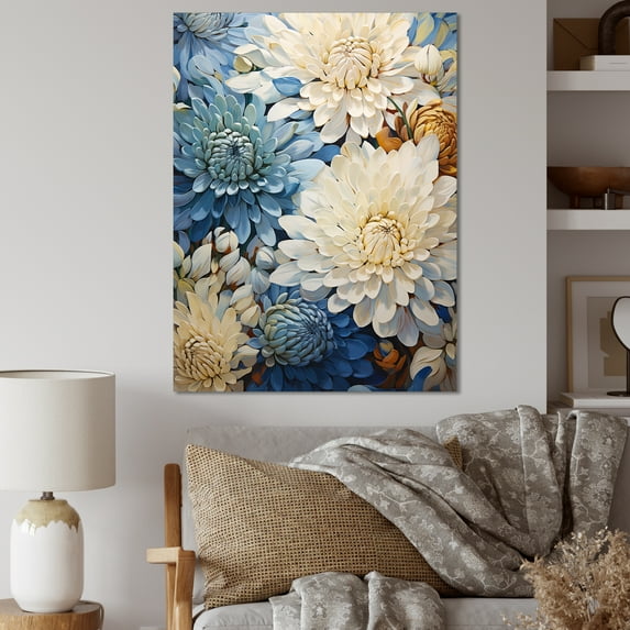 Designart "Simply Beige And Muted Blue Mums In Bloom VII" Mums Canvas Art Print