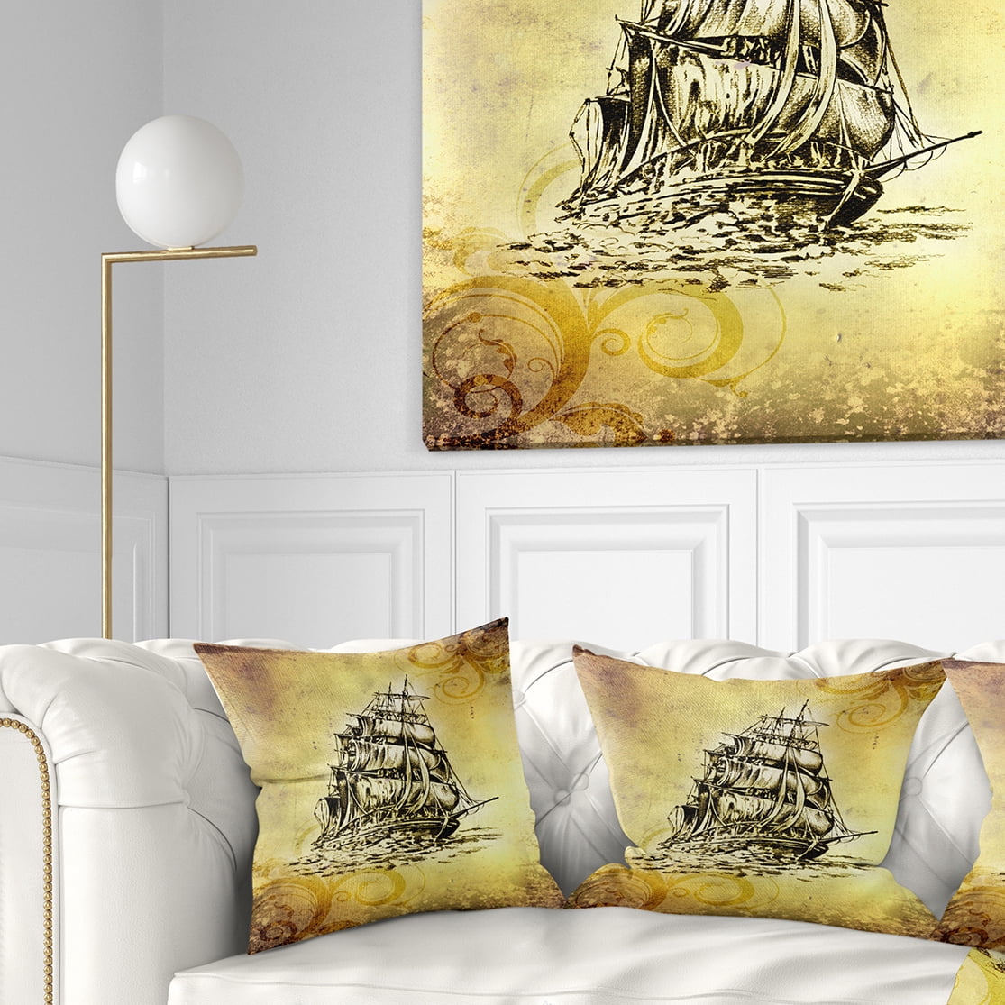 Designart Single Antique Boat Sea Drawing - Seashore Wall Throw Pillow - 18x18