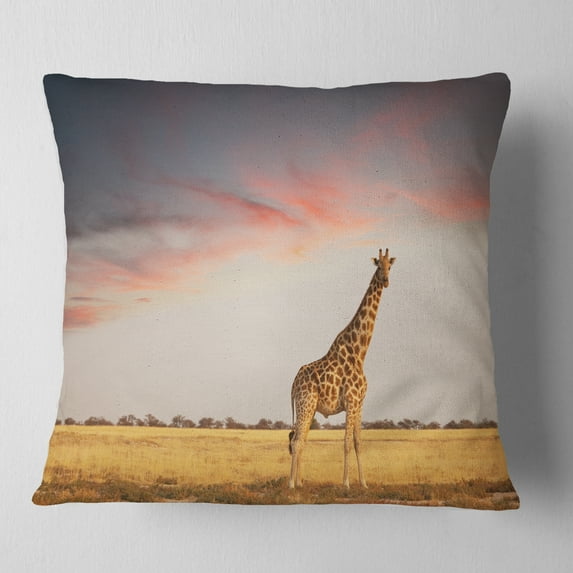 Designart Single Giraffe in Savannah - African Throw Pillow - 18x18