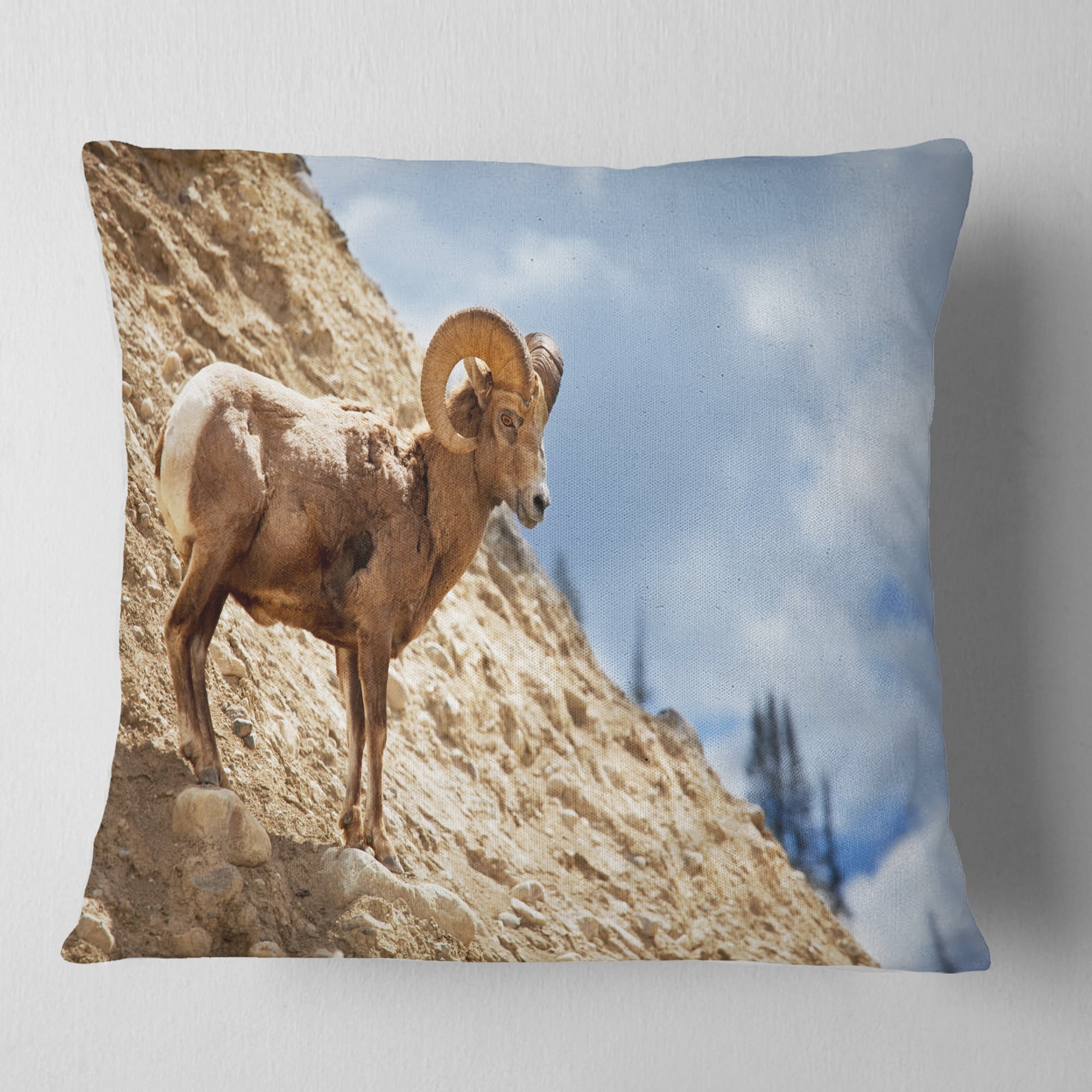 Designart Single Goat on Rocky Mountain - Animal Throw Pillow - 18x18
