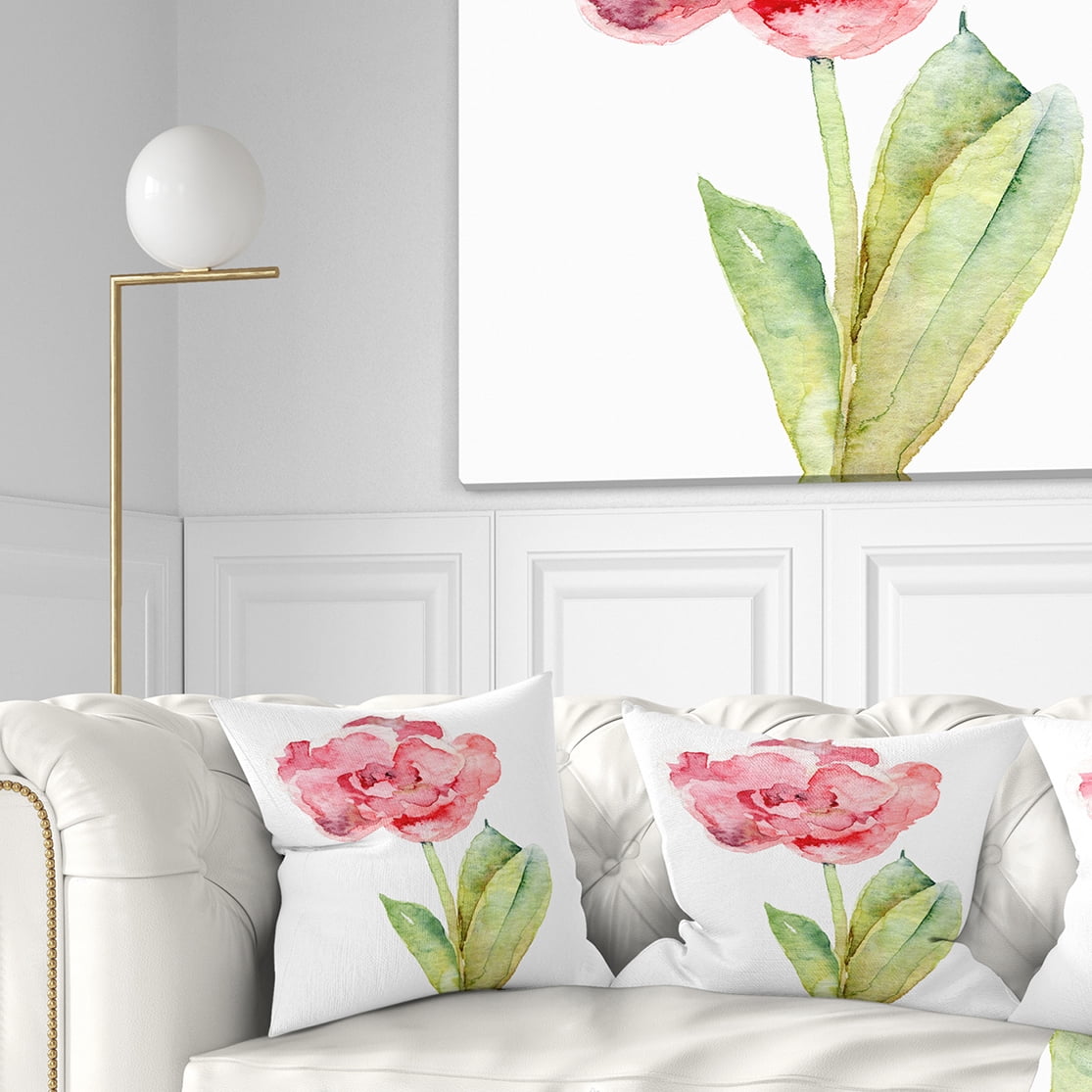 Designart Single Pink Tulip on White Background - Flower Throw Pillow - 16x16