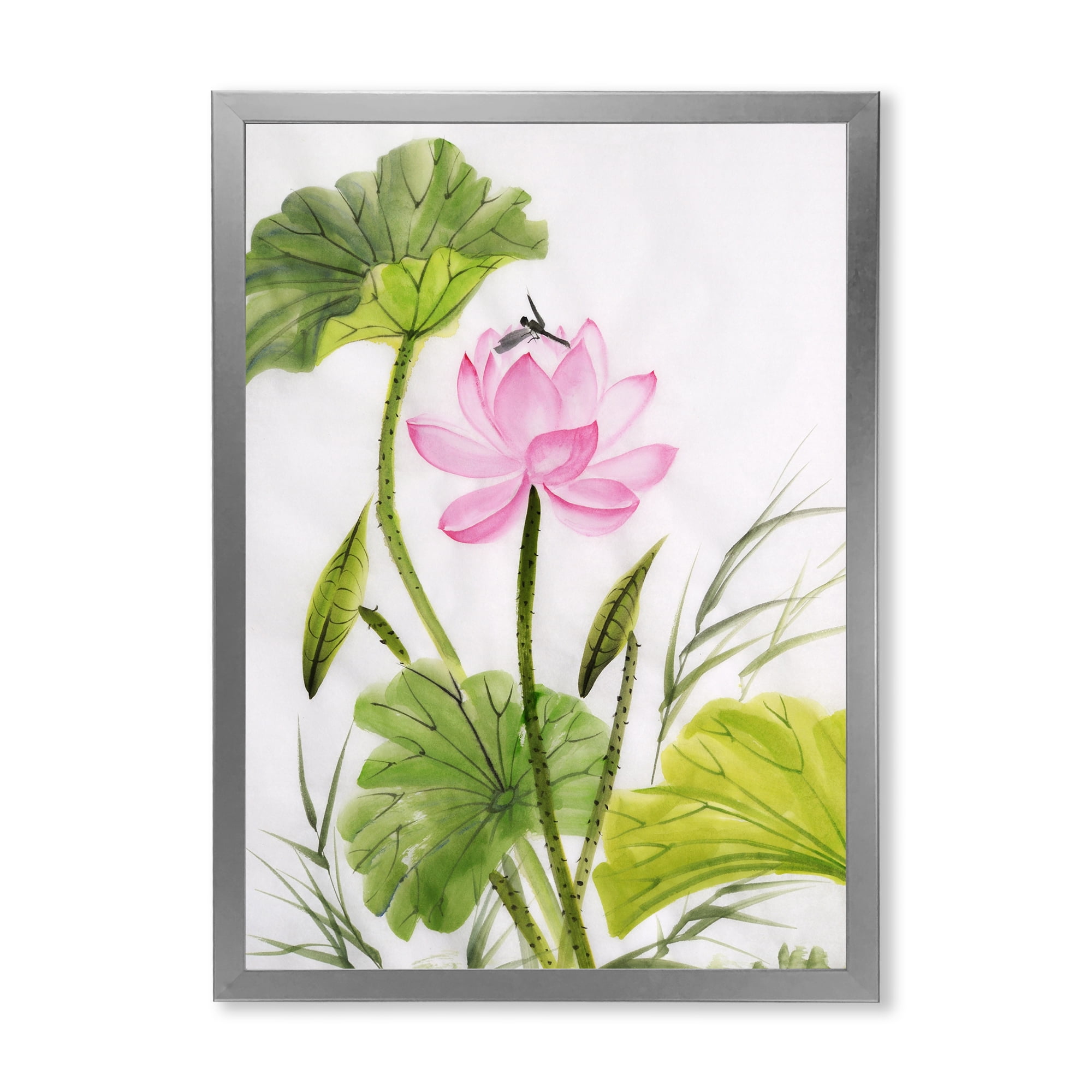 Designart 'Single Vintage Pink Lotus Flower With Green Leaves' Traditional Framed Art Print