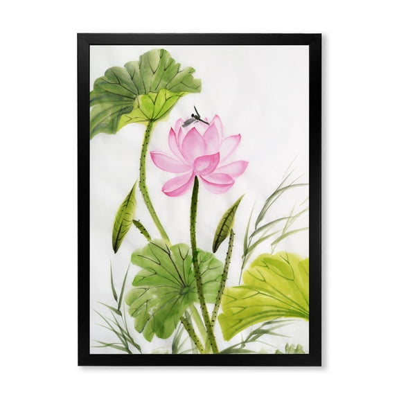 Designart 'Single Vintage Pink Lotus Flower With Green Leaves' Traditional Framed Art Print