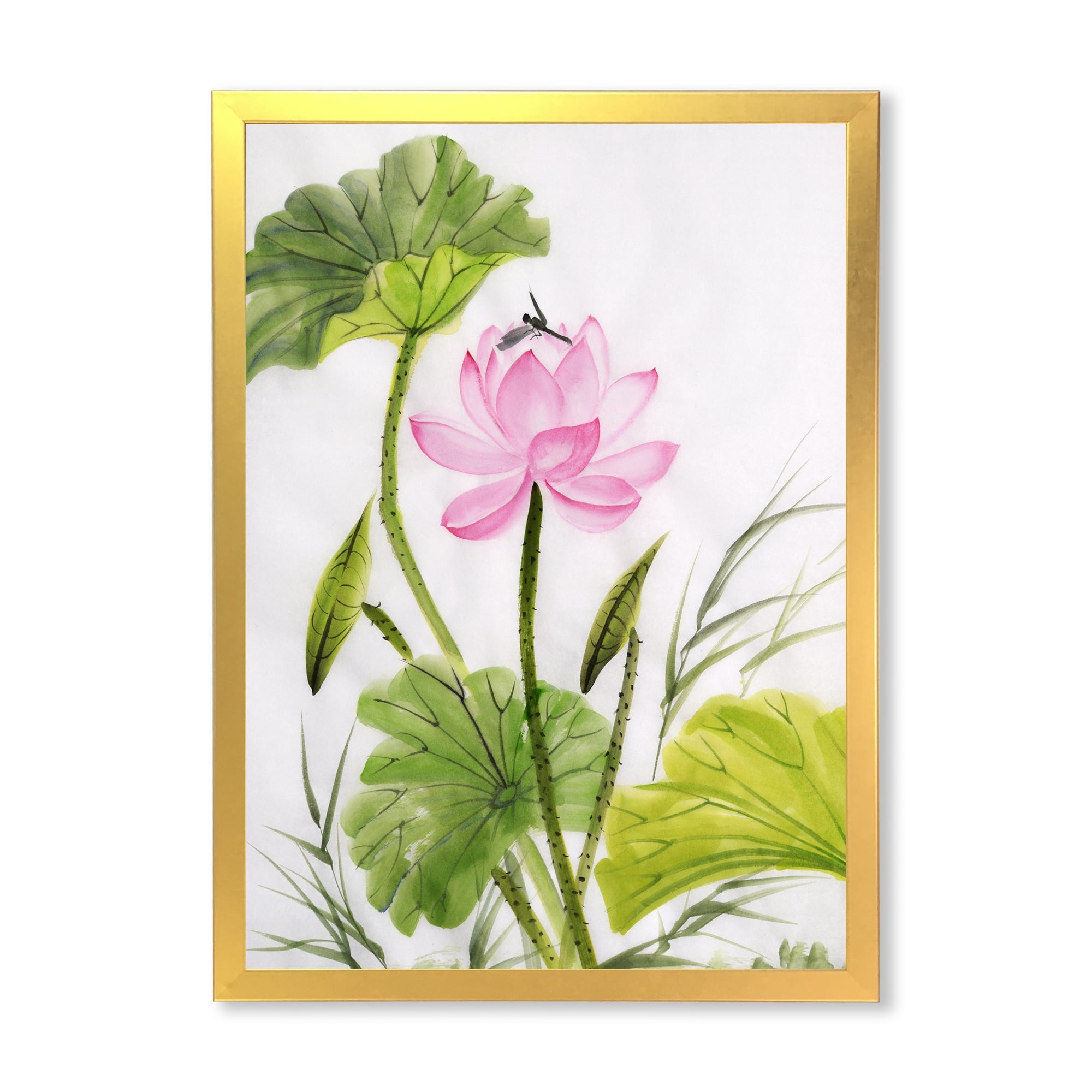 Designart 'Single Vintage Pink Lotus Flower With Green Leaves' Traditional Framed Art Print