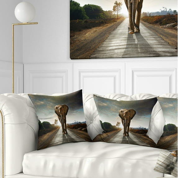 Designart Single Walking Elephant - Photography Throw Pillow - 16x16