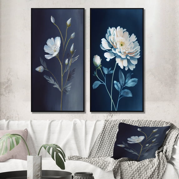Designart "Single White Wildflower on Retro Blue Background I" Floral Framed Wall Art Set Of 2 - Traditional Blue Gallery Wall Frame Set For Home Decor