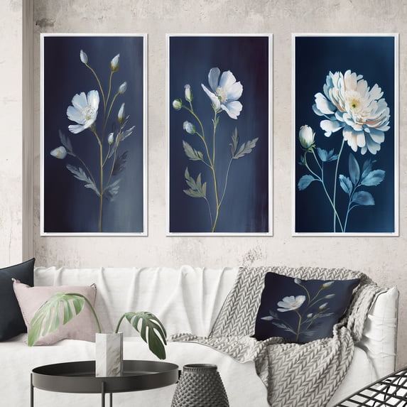 Designart "Single White Wildflower on Retro Blue Background I" Floral Framed Wall Art Set Of 3 - Blue Traditional Frame Gallery Wall Set For Home Decor