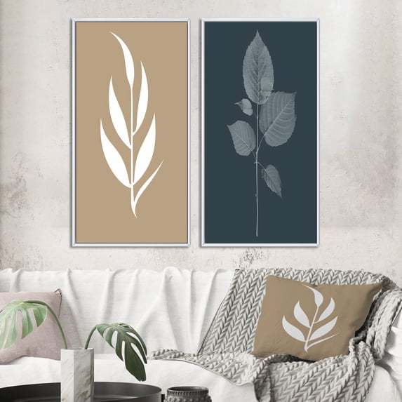 Designart "Singular Botany Solitary Leaf on Neutral Canvas" Flowers Framed Wall Art Set Of 2 - Traditional Beige Framed Canvas Set For Living Room Decor
