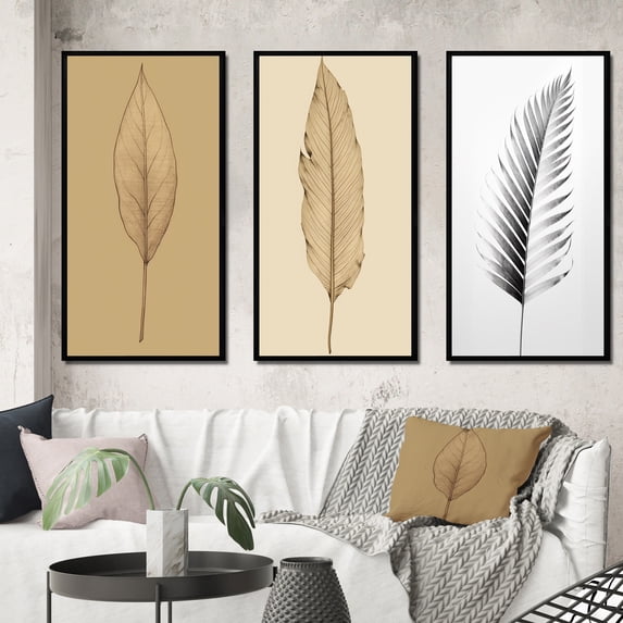 Designart "Singular Botany Solitary Leaf on Neutral Canvas II" Flowers Framed Wall Art Set Of 3 - Beige Traditional Frame Gallery Set For Office Decor