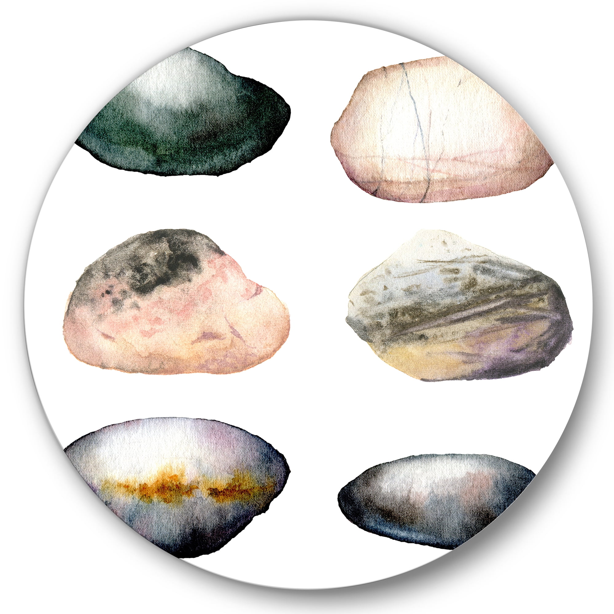 Designart 'Six Abstract Sea Stones On White' Nautical & Coastal Circle Metal Wall Art 29x29 - Disc of 29