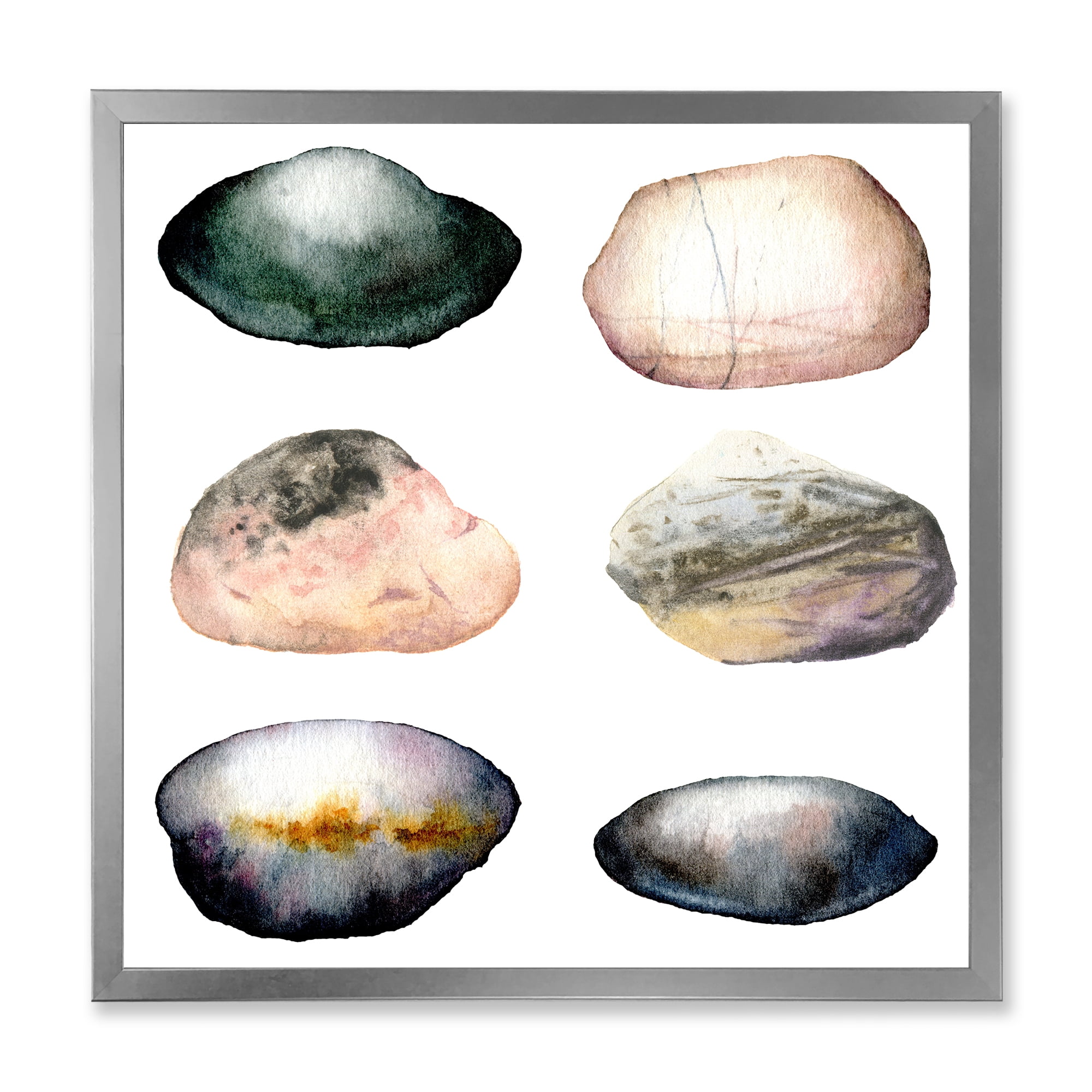 Designart 'Six Abstract Sea Stones On White' Nautical & Coastal Framed Art Print