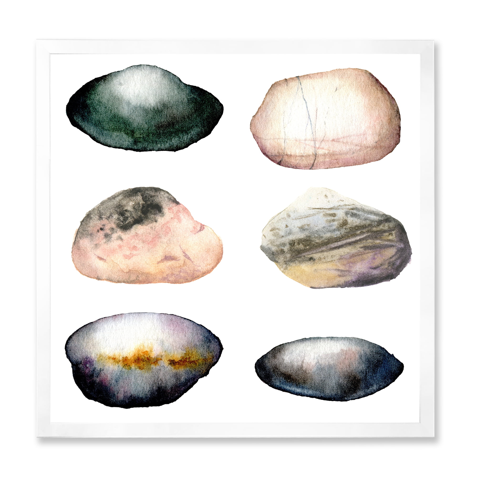 Designart 'Six Abstract Sea Stones On White' Nautical & Coastal Framed Art Print