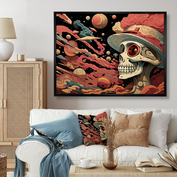 Designart "Skeletal Chic Fashionable Skull Art I" Fashion Framed Wall Art - Glam Red Skull Fashion Hallway Framed Wall Art Decor