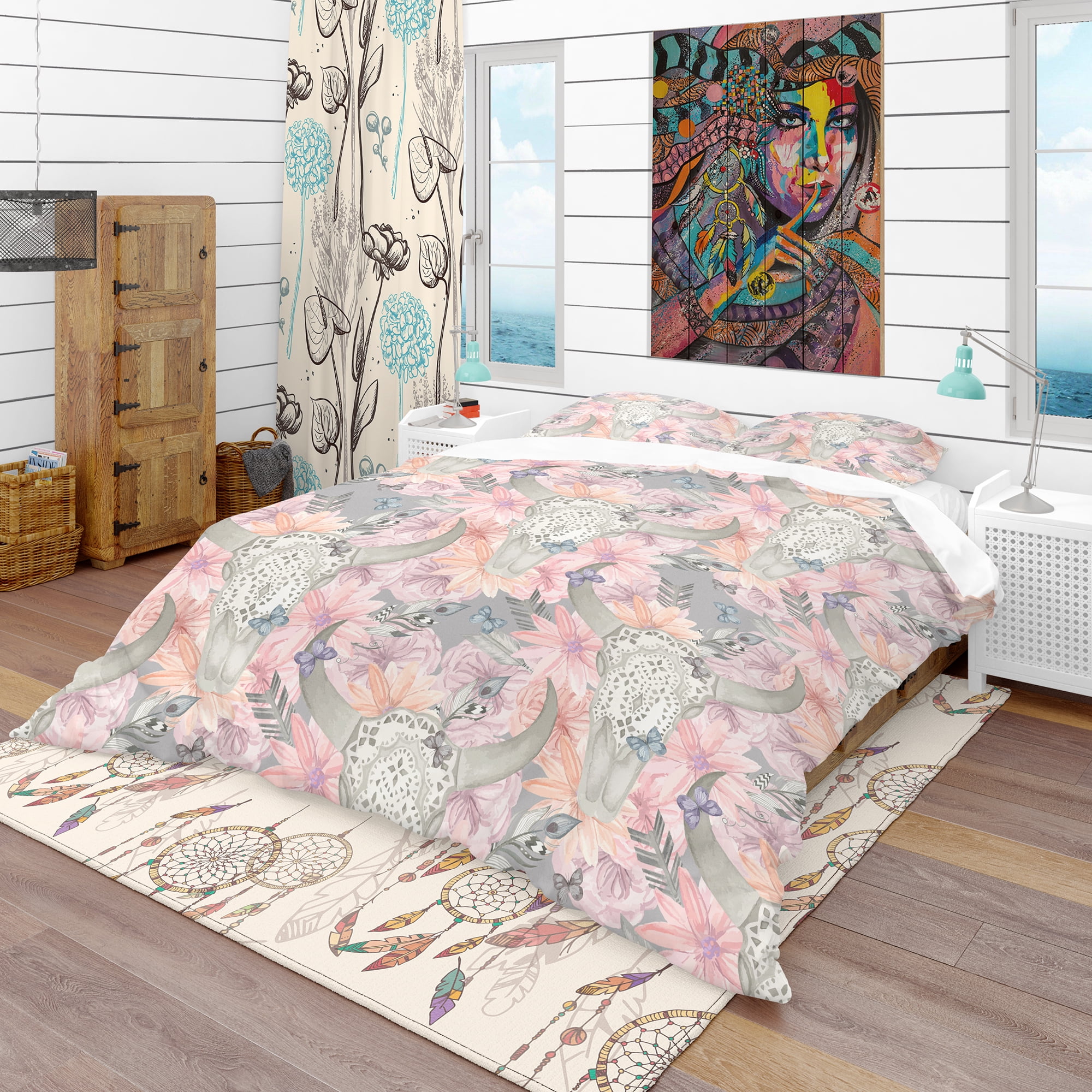 Designart 'Skull Bull in Flowers' Bohemian & Eclectic Duvet Cover Set