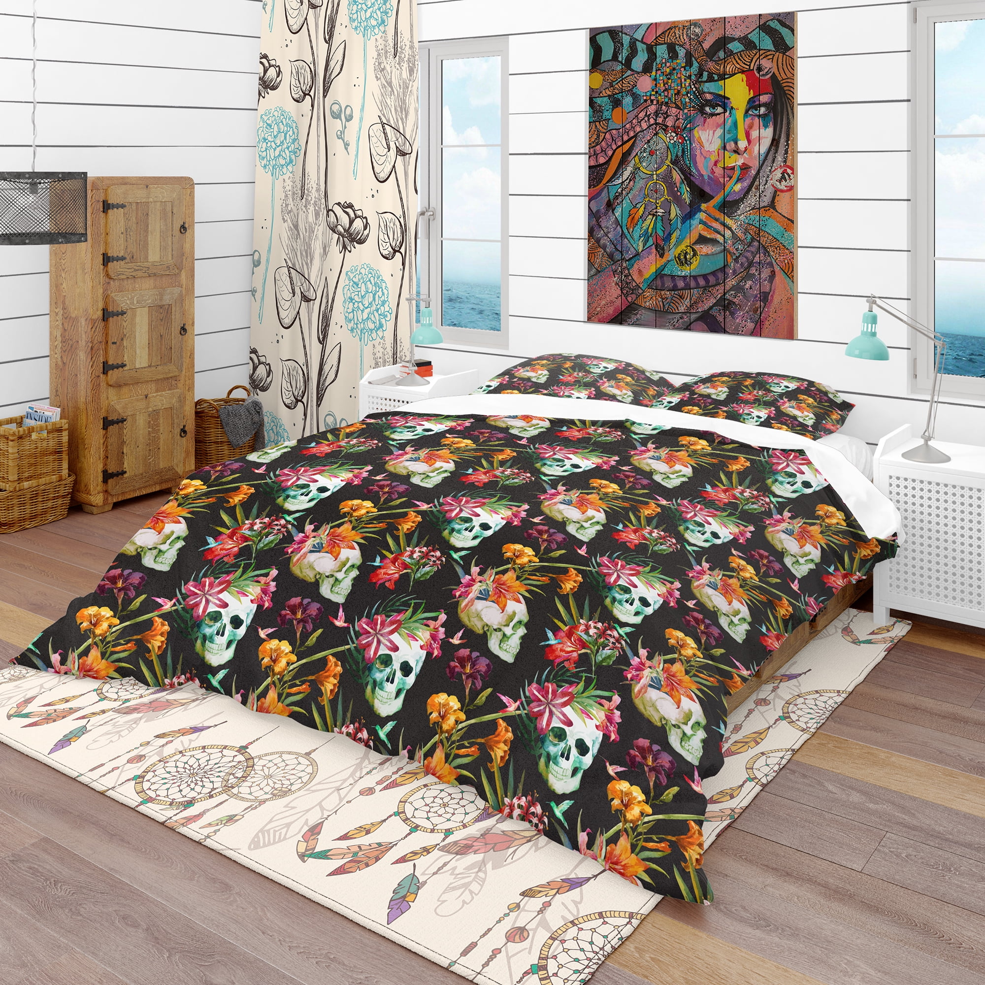 Designart 'Skull and Flowers' Bohemian & Eclectic Duvet Cover Set
