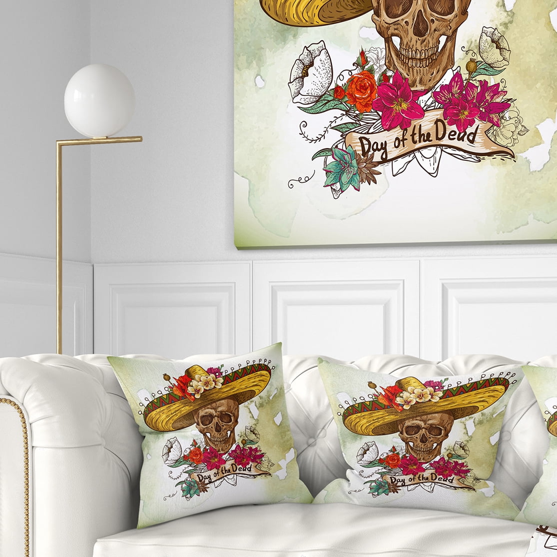 Designart Skull in Sombrero with Flowers - Floral Throw Pillow - 18x18