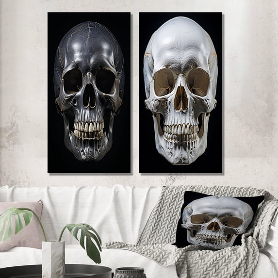 Designart "Skull magic Remains I" Skull Wall Art Set Of 2 - Grey Animals Canvas Set For Living Room Decor