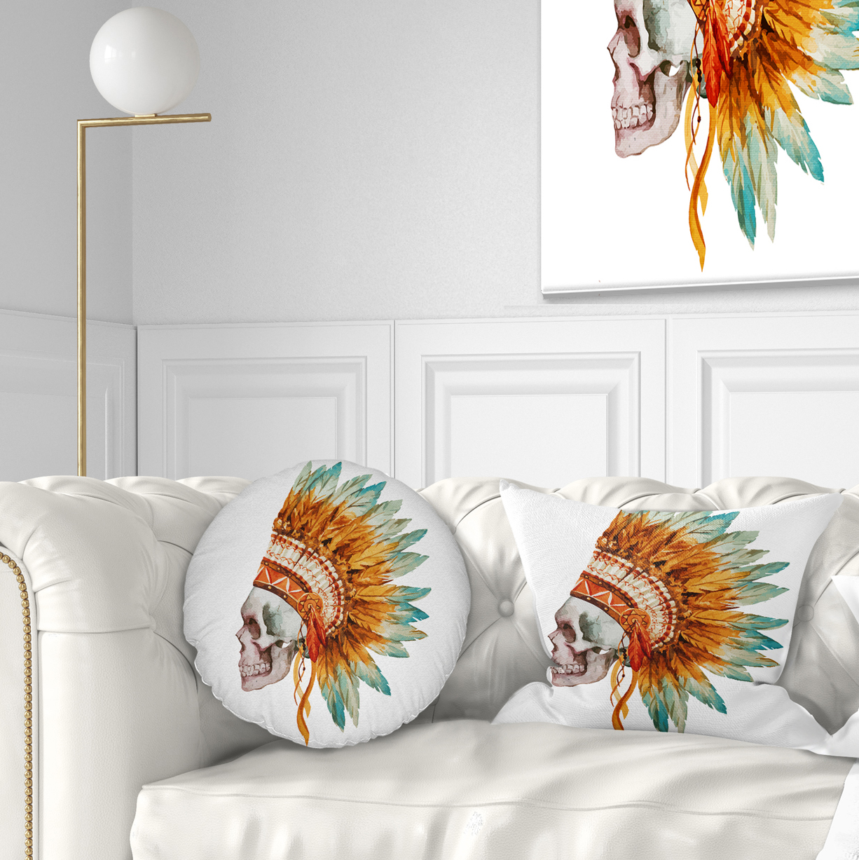 Designart Skull with Feathers - Abstract Throw Pillow - 12x20