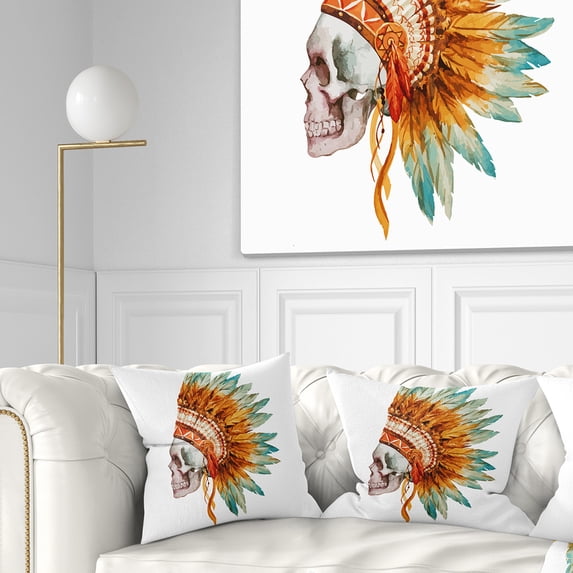 Designart Skull with Feathers - Abstract Throw Pillow - 18x18