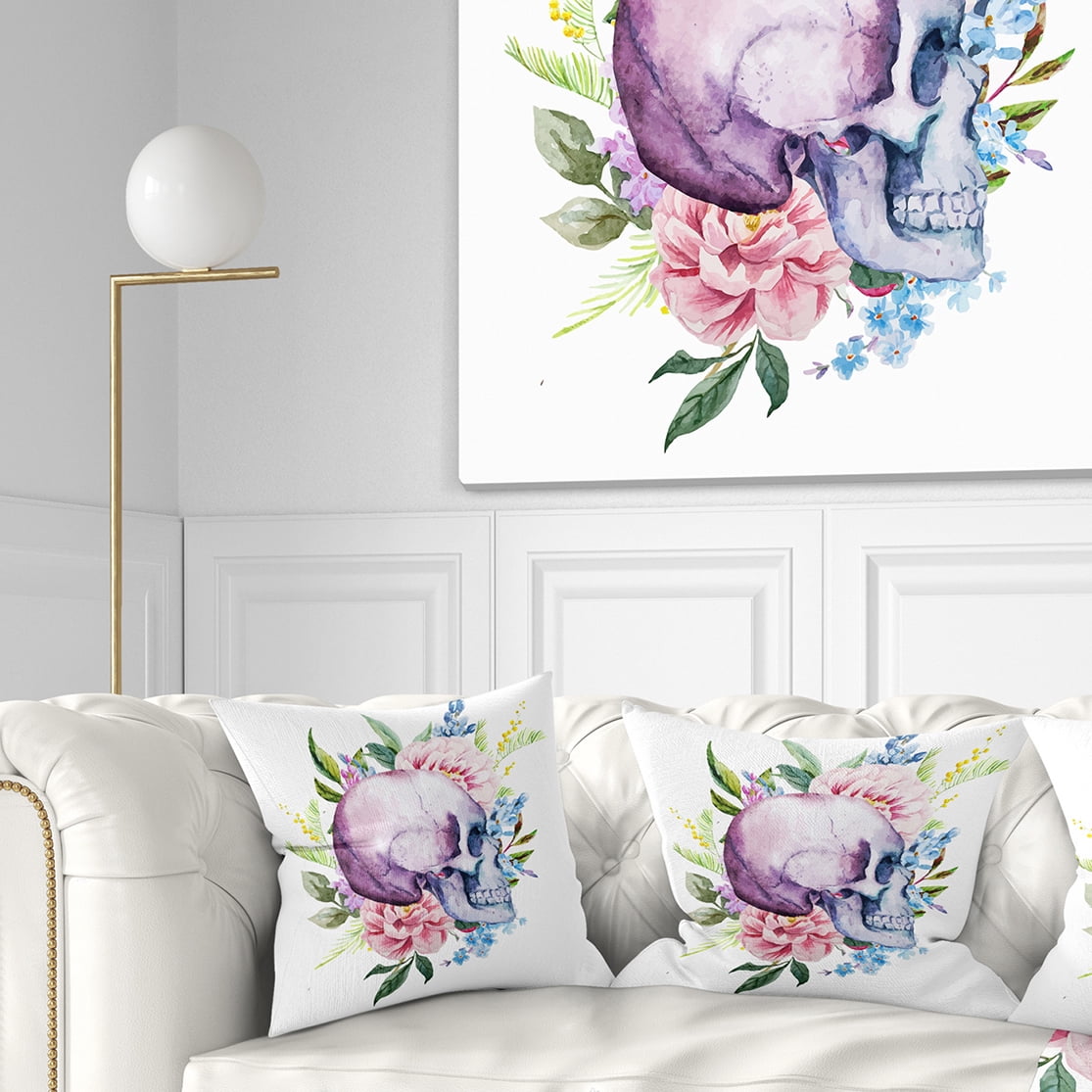 Designart Skull with Flower Borders - Floral Throw Pillow - 18x18