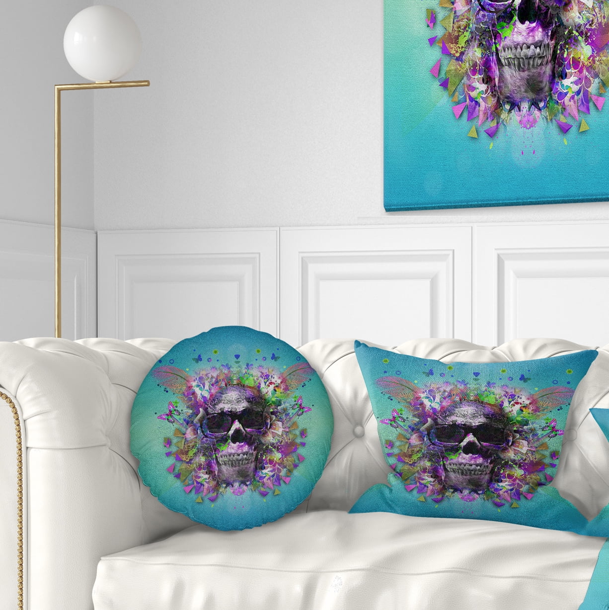 Designart Skull with Glasses and Butterflies - Abstract Throw Pillow - 12x20