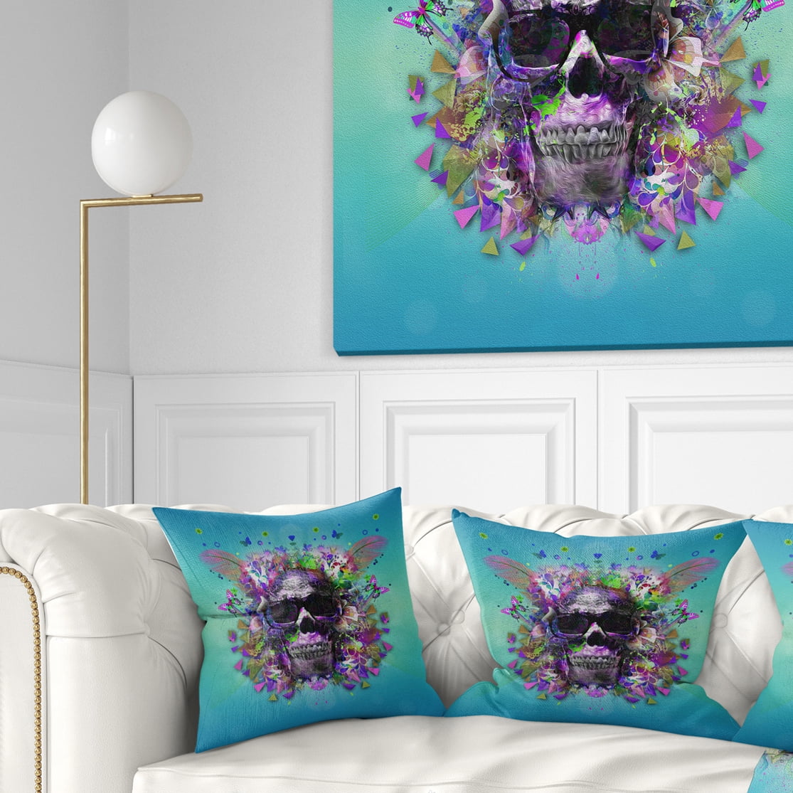 Designart Skull with Glasses and Butterflies - Abstract Throw Pillow - 18x18